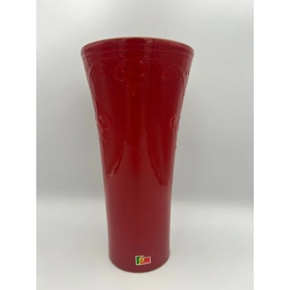 Red Glazed Terracotta Vase Embossed Scroll Fleur De Lis Portugal 12 Inch